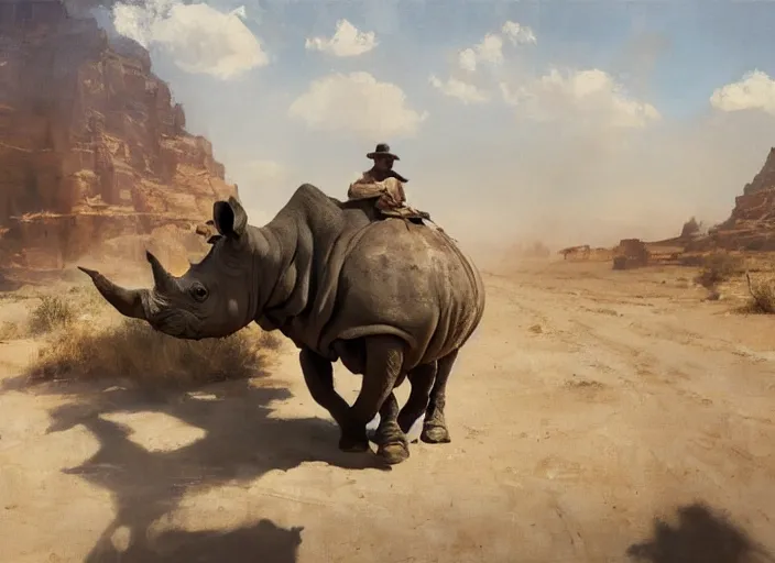 Prompt: oil painting of old rugged rhino in dusty wild west street, art by anders zorn, wonderful masterpiece by greg rutkowski, beautiful cinematic light, american romanticism by greg manchess, jessica rossier