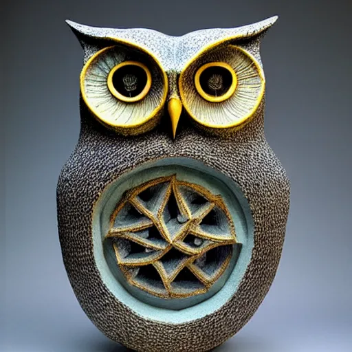 Prompt: symmetrical detailed sculpture of an owl, made by Rene Magritte