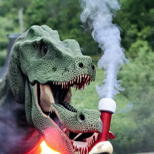 Image similar to dinosaur exhaling a hit from his dino bong