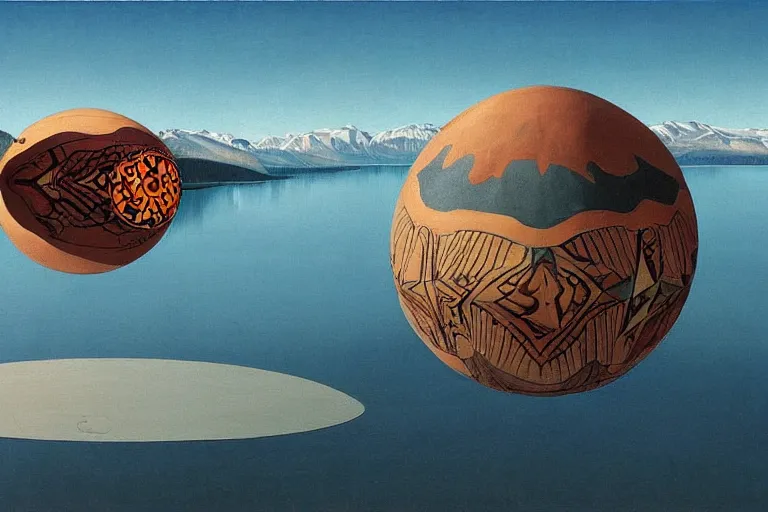 Prompt: a giant floating sphere covered in canadian aboriginal patterns!! hovering above a Yukon lake, (painted by Ralph McQuarrie), matte painting, concept art