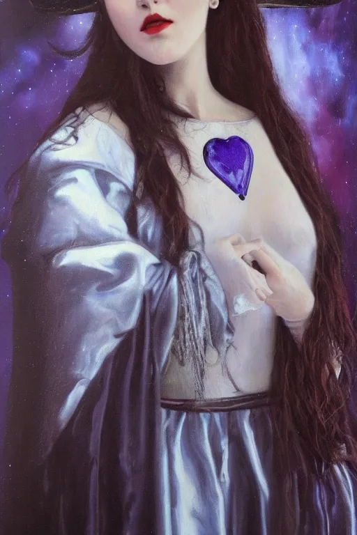 Image similar to hyperrealism oil painting, close - up portrait of isabelle adjani medieval brunette vampire fashion model, knight, steel gradient mixed with nebula sky, in style of baroque