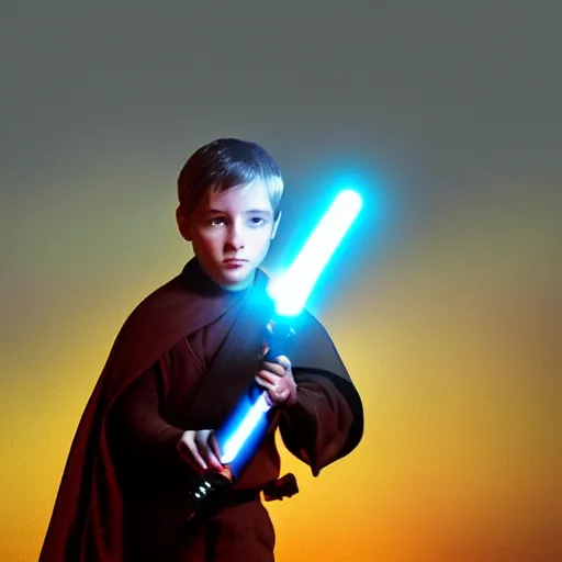 Prompt: boy holding a lightsaber, cinematic art