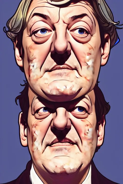 Image similar to stephen fry winking his left eye at the camera, in the style of art by artgerm and greg rutkowski and alphonse mucha