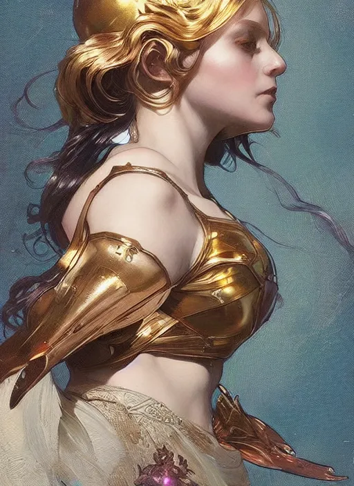 Prompt: a woman made of shining metal, beautiful high quality realistic fantasy art, trending on artstation by artgerm and greg rutkowski and alphonse mucha