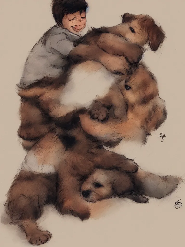 Image similar to boy hugging puppy by disney concept artists, blunt borders, rule of thirds