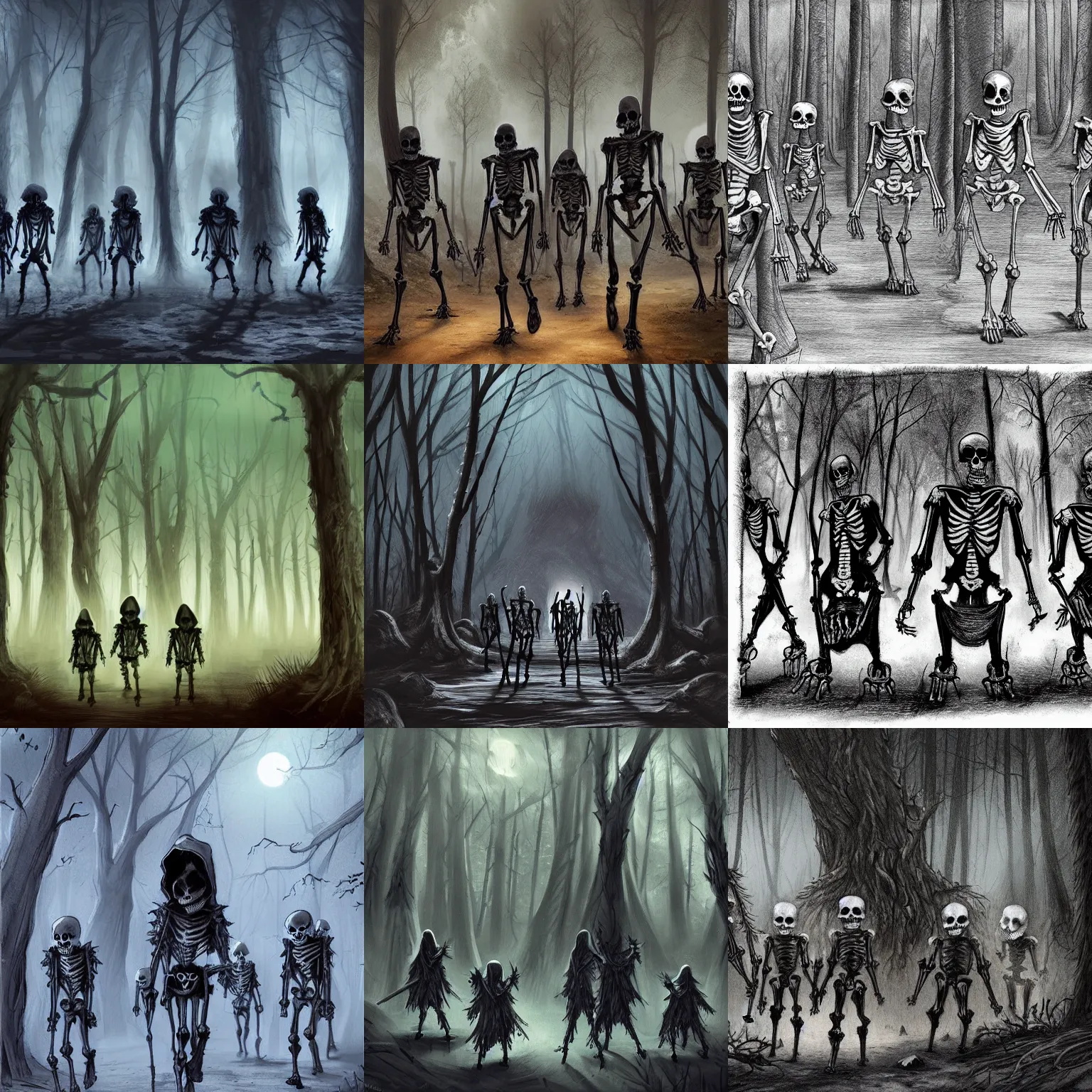 Prompt: a group of skeletons with hoodies walking in a forest at night, dnd, dramatic, fantasy art, concept art