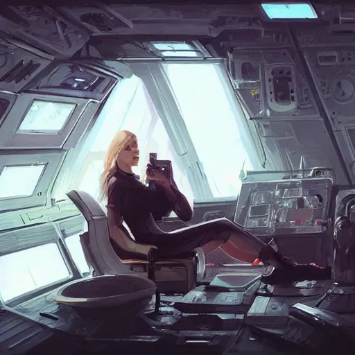 Prompt: concept art by greg rutkowski, a very tall, and slender woman with blond hair, sitting with the crew in the ship's flight deck, brutalist futuristic interior, dark lighting atmosphere, detailed portraits, nostalgic atmosphere, scifi, digital painting, artstation, concept art, smooth, sharp foccus ilustration, artstation hq