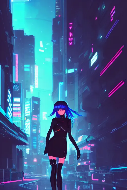 Prompt: digital illustration of cyberpunk pretty girl with blue hair, wearing a black ominatrix outfit, in city street at night, by makoto shinkai, ilya kuvshinov, lois van baarle, rossdraws, basquiat