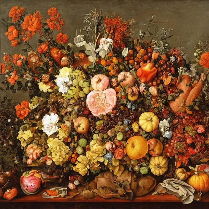 Prompt: thanksgiving supper, flowers and fruit on a wooden table, a still life by giuseppe arcimboldo, vanitas, pinterest, maximalist, intricate high detail masterpiece