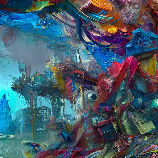 Prompt: faces, signatures, buildings, text, names, watermarks : - 5. 0 0 a brightly color, abstract, swirling, elaborate recursive large and decaying array of beauty, painted by ellen jewett as featured on conceptartworld 3 d, painted by laurie lipton as featured on conceptartworld 3 d, surreal ramifications