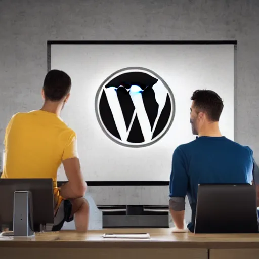 Image similar to developers sitting in front of a screen, removing wordpress with a hammer