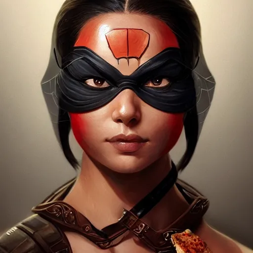 Image similar to head and shoulders portrait of modern darna, ninja turtle eating pizza, intricate, elegant, dark vibes, highly detailed, digital painting, artstation, glamor pose, concept art, smooth, sharp focus, illustration, art by wlop, mars ravelo and greg rutkowski