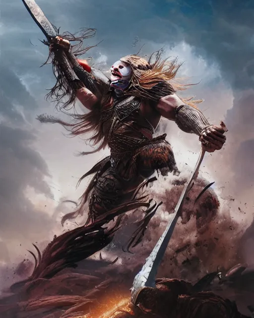 Prompt: Official photo of a majestic fierce barbarian man, leader, strong, highly detailed, cinematic, 16k, 1080s, by Stanley Artgermm, Tom Bagshaw, Greg Rutkowski, Vincent di Fate, Carne Griffiths, Ayami Kojima, WLOP, trending on DeviantArt, hyper detailed, full of color, digital art,