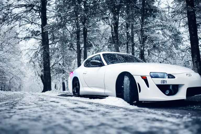 Image similar to A Toyota supra parked in a road with trees, Winter season, Epic photography, taken with a Canon DSLR camera, 50 mm, depth of field