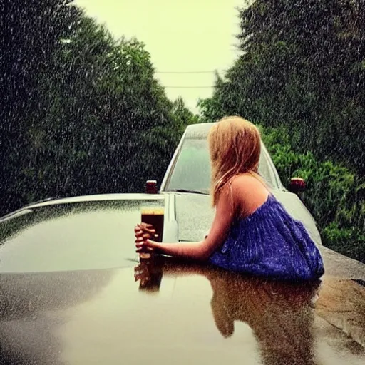 Prompt: “ barefoot girl sitting on the hood of a car drinking a beer in the summer rain ”