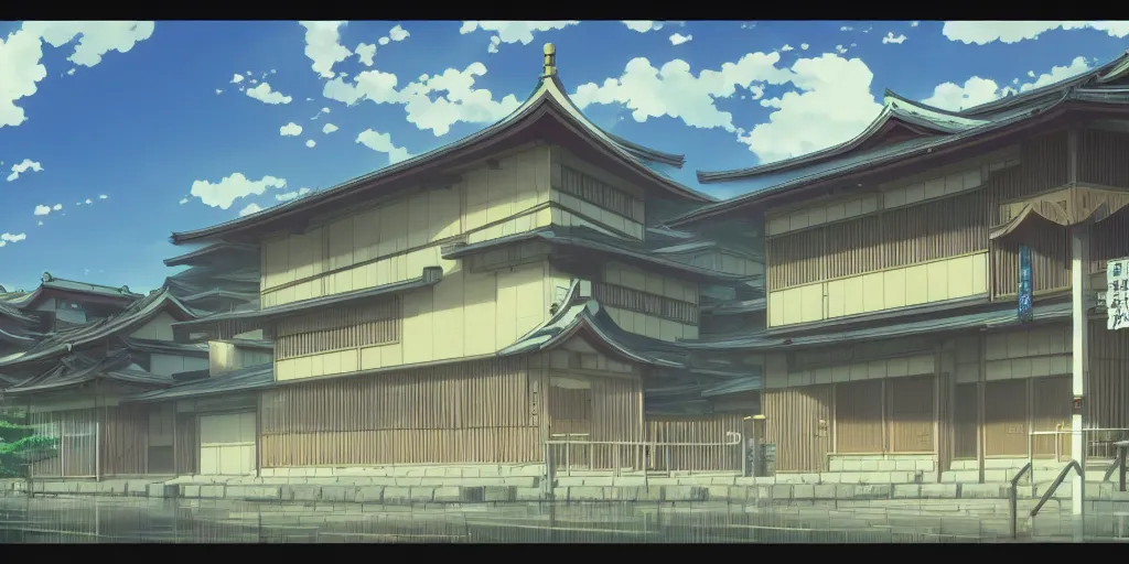 Prompt: close up front view of a japanese building facade with signs on it, a screenshot from the anime film by Makoto Shinkai, HD wallpaper