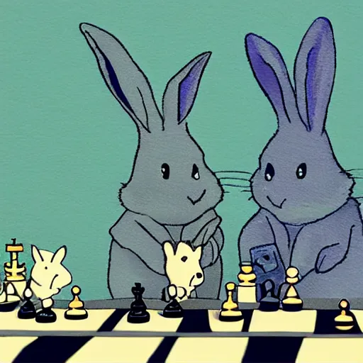Image similar to concept art of two rabbits playing chess on a rowboat