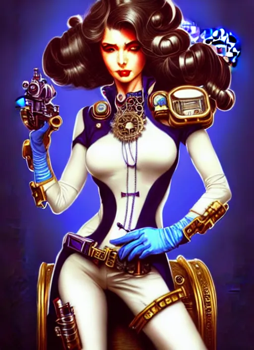 Prompt: front portrait of attractive Lady Mechanika with wavy hair using white gloves and retro guns, Intricate steampunk imagery , D&D!, fantasy style, sharp focus!, ultra detailed, art by Artgerm and Peter Andrew Jones, WLUP