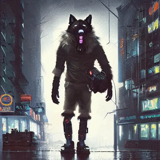 Image similar to new york city portrait of furry anthro anthropomorphic german shepard head animal person fursona wearing clothes strange cybernetic augmentations cyber muzzle gloomy rainy cyberpunk digital art by Greg Rutkowski, Simon Stalenhag, trending on Artstation, CGSociety