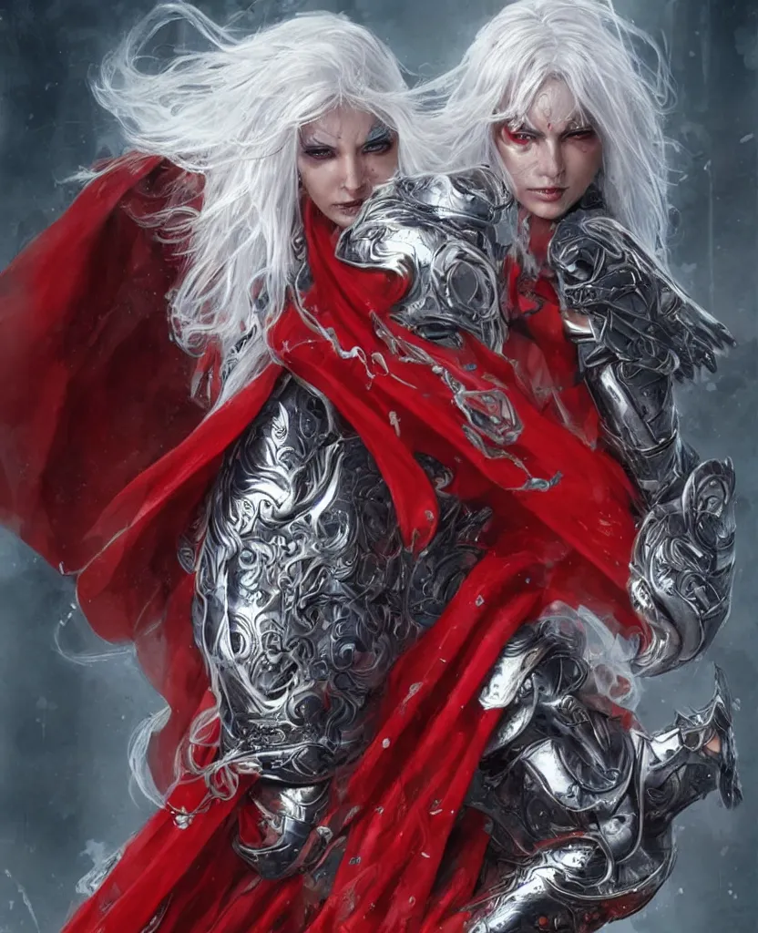 Prompt: a woman with silver hair, mystical symbols tattooed on her face, dressed in a flowing red cape and a futuristic armour, character design, highly detailed, by gabriele dell'otto and greg rutkowski