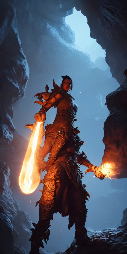 Prompt: a epic hero adventurer holding a torch in a dark cave, fantsy, concept art, artgerm, monster hunter world, 8 k realistic, radiant light, frostbite 3 engine, dof, cryengine, digital art, detailed background