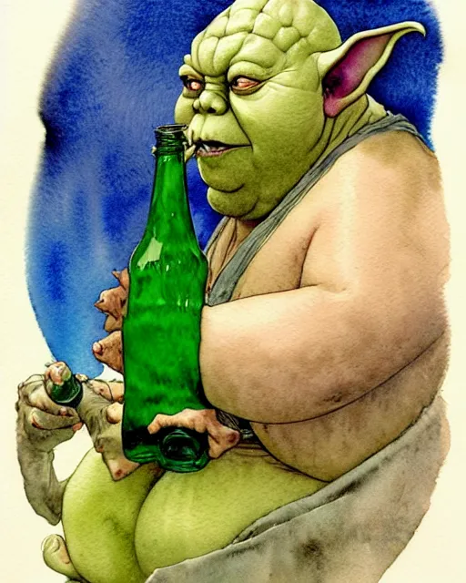 Prompt: a realistic and atmospheric watercolour fantasy character concept art portrait of a fat dirty yoda drinking out of a bottle with pink eyes wearing a wife beater. by rebecca guay, michael kaluta, charles vess and jean moebius giraud