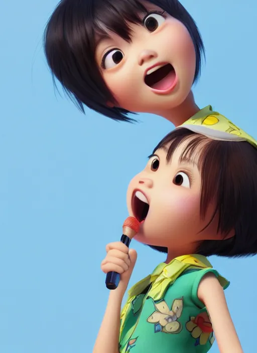 Prompt: a cute Asian girl singing, short stylish hair in the style of pixar animation, mid-shot, low angle view, 16mm lens, award winning, hyper detailed, studio lighting, artstation, octane renderer, unreal engine