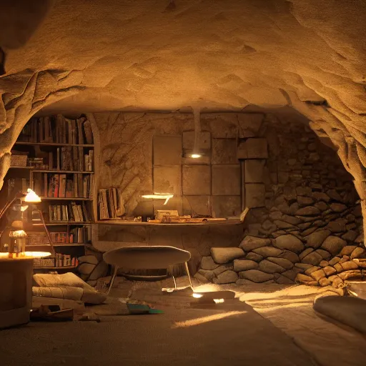 Image similar to book cave, dark, realistic, sci fi, 3 d render, incredible details, highly detailed, photorealistic, disney pixar, smooth, octane render, iridescent, 8 k