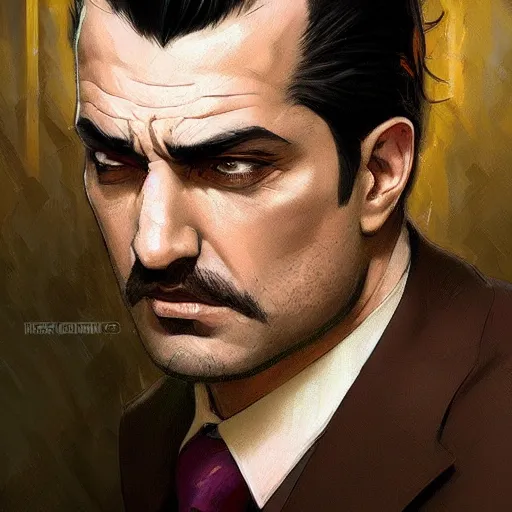 Image similar to mob boss, headshot, painted character portrait, highly detailed, digital painting, artstation, concept art, sharp focus, illustration, art by artgerm and greg rutkowski and alphonse mucha