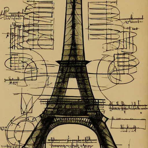 Image similar to eiffel tower schematics sketched by leonardo da vinci