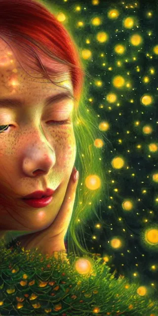 Image similar to infp young woman, smiling amazed, golden fireflies lights, sitting in the midst of nature fully covered, long loose red hair, intricate linework, bright accurate green eyes, small nose with freckles, oval shape face, realistic, expressive emotions, dramatic lights magical scene, hyper realistic ultrafine art by michael cheval, jessica rossier, boris vallejo