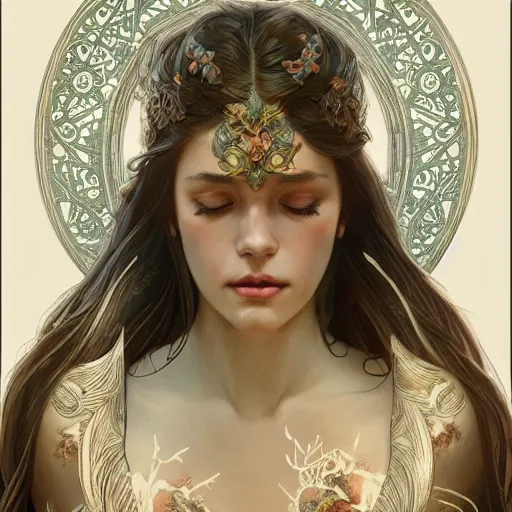 Image similar to full body portrait of a terrible beautiful girl, d & d, fantasy, intricate, elegant, highly detailed, digital painting, artstation, concept art, smooth, sharp focus, illustration, art by artgerm and greg rutkowski and alphonse mucha, symmetry, octane render, clean line