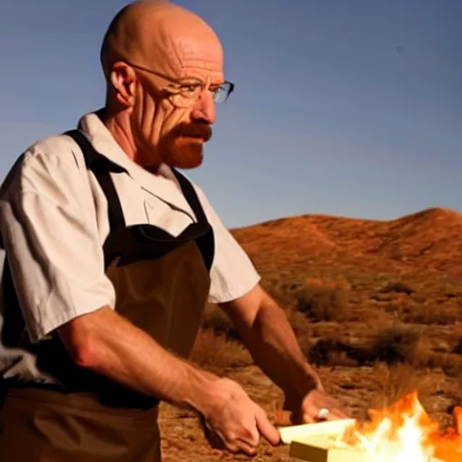 Image similar to Walter White making pizza in the desert, dramatic lighting, blowtorch, still from breaking bad (2010)