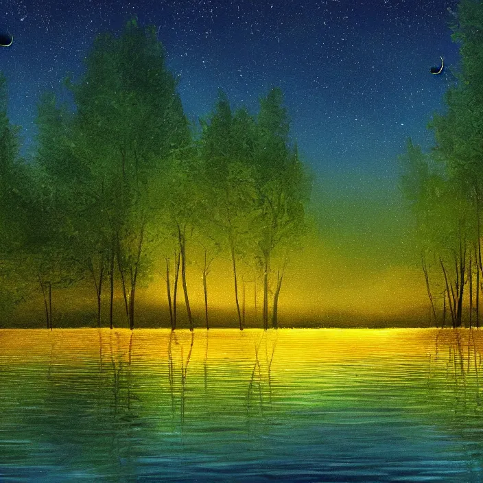 Image similar to lake trees night fireflies glowing above water digital painting concept art