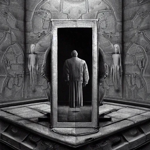 Prompt: a politician looking in the mirror, reflection of the grim reaper, beksinski, dariusz zawadzki, symmetrical, very coherent symmetrical artwork, cinematic, hyper realism, high detail, octane render, 8 k