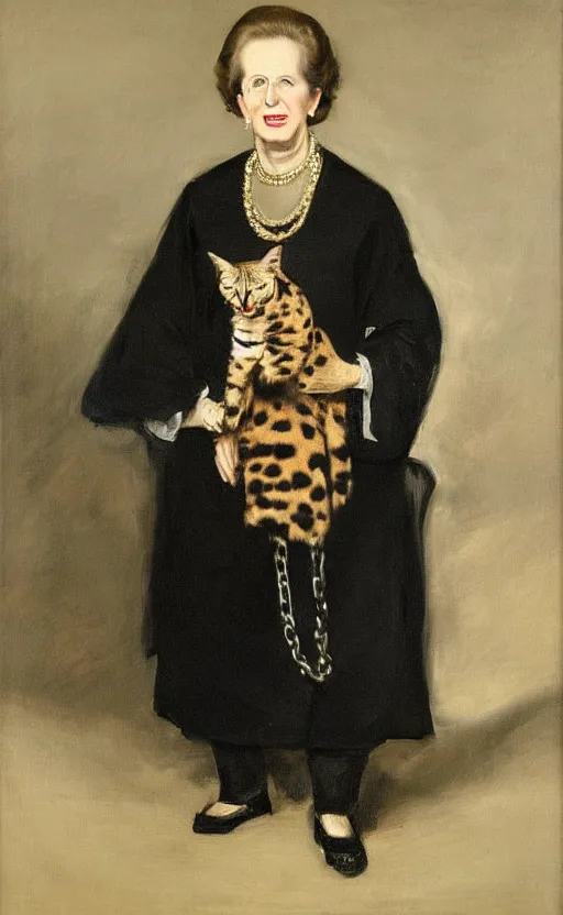 Image similar to an oil portrait of margaret thatcher in ceremonial robe holding a chained distressed serval, high quality, artstation, higly detailed, art by velaquez rubens and francisco goya, dark lighting