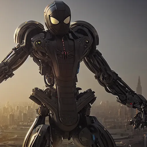 Image similar to unreal engine, octane render, 8 k, spiderman resembling mecha, techno mystic, by greg rutkowski,, maxim verehin, greg rutkowski, masterpiece, sharp focus,