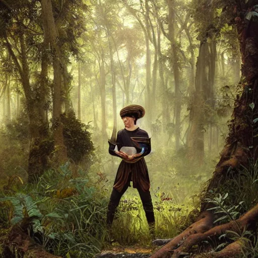 Image similar to intricate detailed portrait painting of a young man putting on tefillin in a beautiful forest meadow, temple ruins surrounded by lush forest, afternoon, intricate, elegant, highly detailed, digital painting, sharp, focus, illustration art by artgerm and greg rutkowski and alphonse mucha