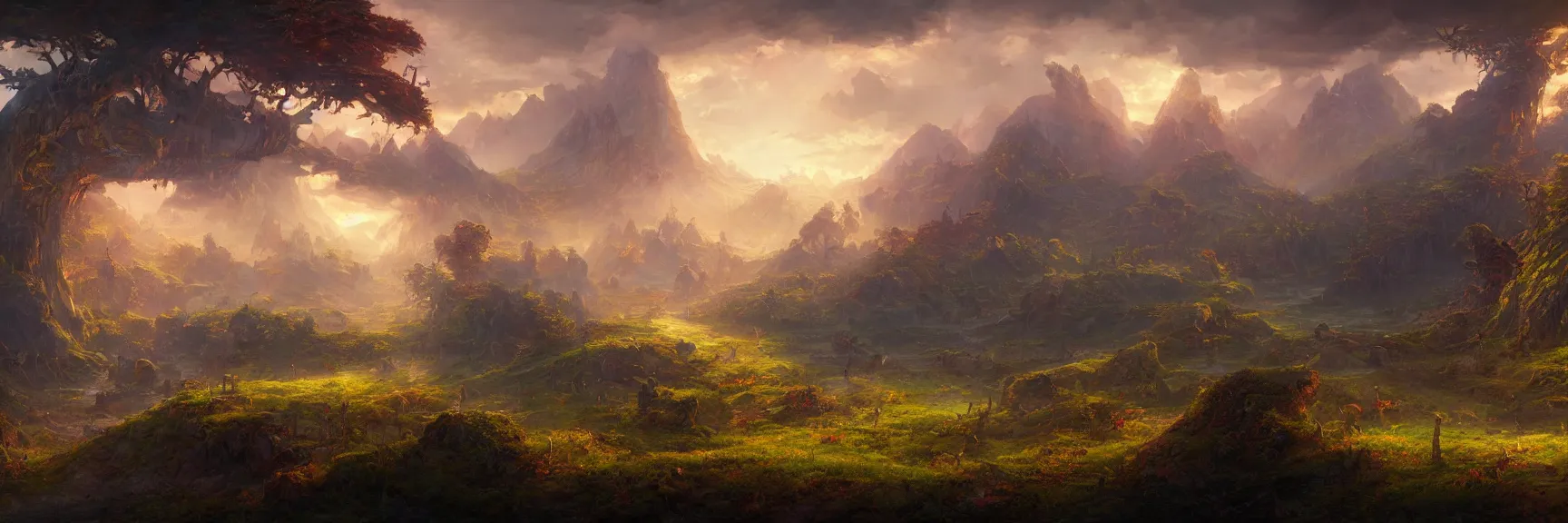 Image similar to a beautiful fantasy landscape painting of a naya panorama. magic the gathering land art by john avon and marc simonetti and Mark Keathley, trending on artstation hq 8k