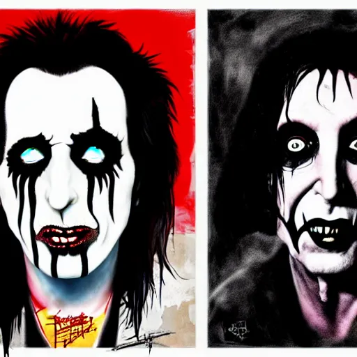 Image similar to graphic illustration, creative design, alice cooper as marilyn manson, biopunk, francis bacon, highly detailed, hunter s thompson, concept art, mixed media