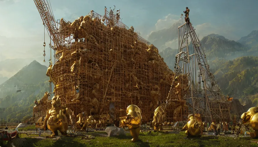 Image similar to dwarves building a giant golden statue with scaffolding in the heart of green mountains,, hyperdetailed, artstation, cgsociety, 8 k