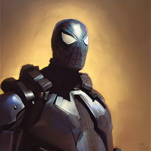 Prompt: greg manchess portrait painting of an armored dark dynamic iron spiderman as overwatch character, medium shot, asymmetrical, profile picture, organic painting, sunny day, matte painting, bold shapes, hard edges, street art, trending on artstation, by huang guangjian, gil elvgren, ruan jia, greg rutkowski, gaston bussiere