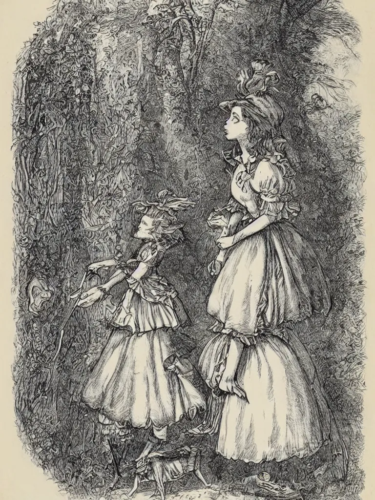 Image similar to Tenniel illustration portrait of Alice, walking in wonderland