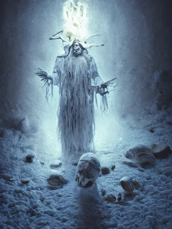 Prompt: fine painting of the white shaman of death from an ancient ice planet culture with mushrooms, candlelight, 8 k, ultra realistic, lens flare, atmosphere, glow, detailed, intricate, full of colour, cinematic lighting, trending on artstation, 4 k, hyperrealistic, focused, extreme details, unreal engine 5, cinematic, masterpiece