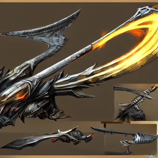 Image similar to concept art of legendary dragon scythe weapon, scythe design, fantasy scythe, fantasy, behance, pinterest, deviantart, artstation, weapons concept art, design, rpg, weapon, detailed, digital art, incredible, digital painting