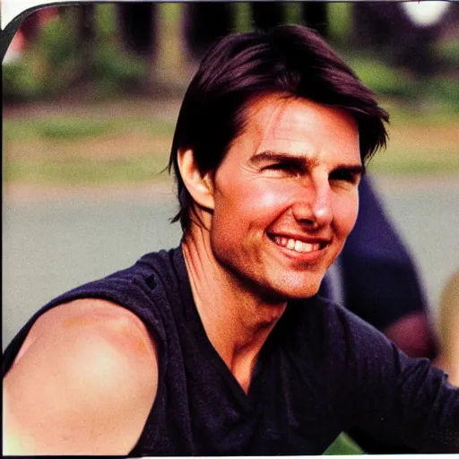 Prompt: Polaroid of Tom Cruise very close to tv 1983