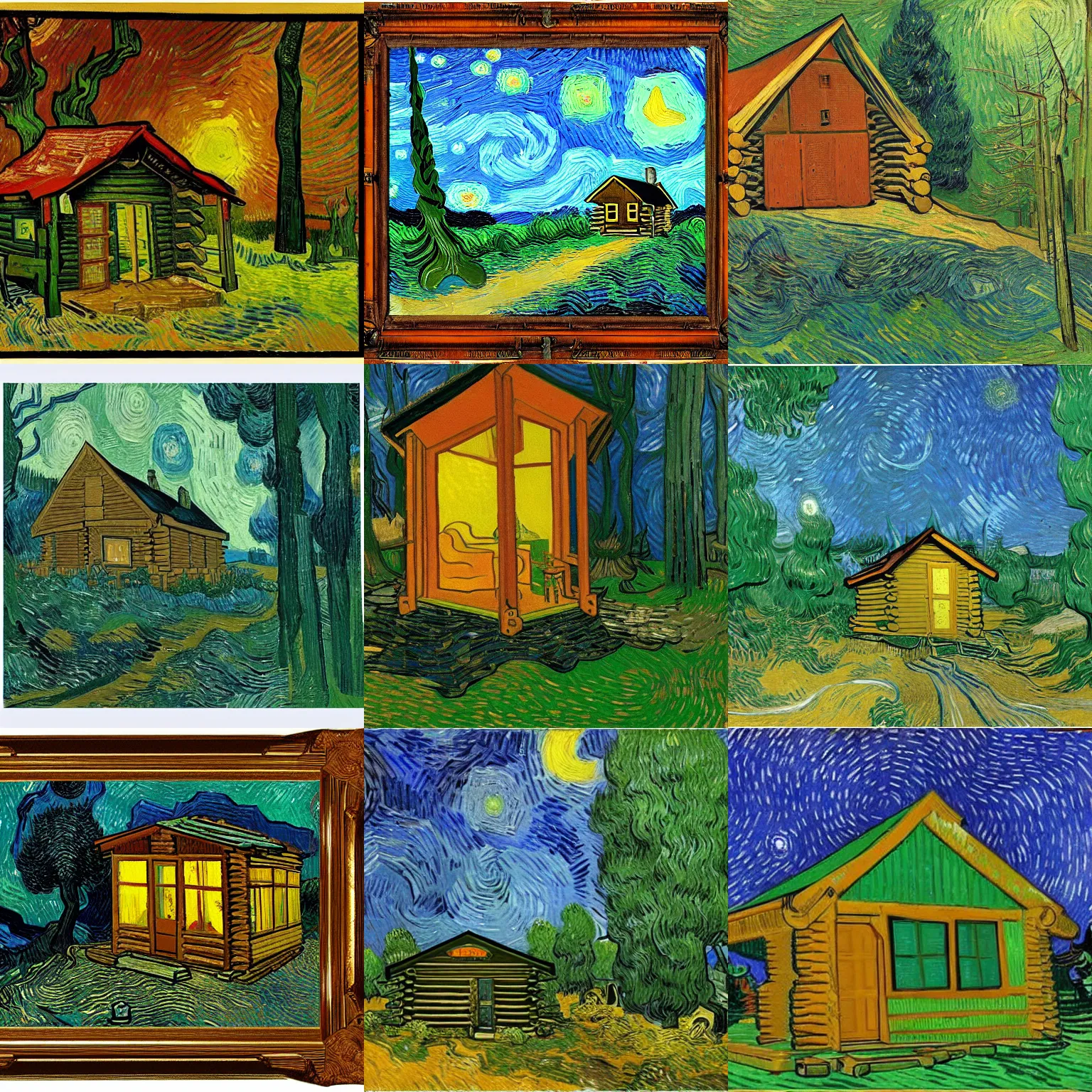 Prompt: [ a log cabin in the forest ] [ van gogh ] [ scifi ]