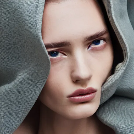 Image similar to close up of face of female fashion model in minimalistic dress, beige colors, official jil sander editorial, highly detailed