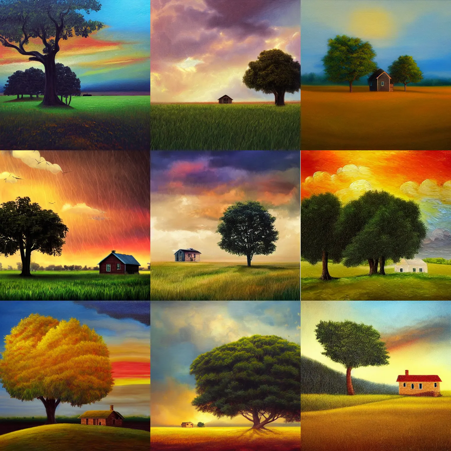 Prompt: two trees and a singular house on a grass plain, during golden hour, thunderstorm, warm colors, oil painting, hyperrealistic, high detailed, award winning masterpiece