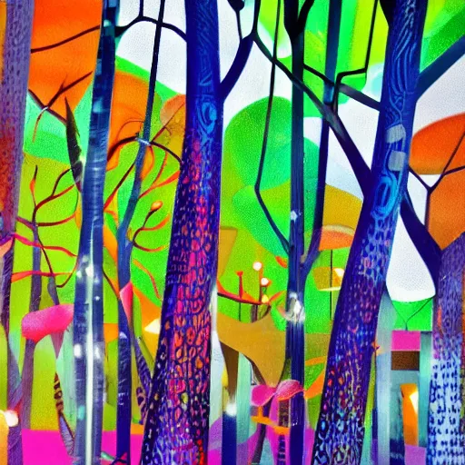 Image similar to lush enchanted forest interlocking with machines by salome totladze, bursts of color, beautiful